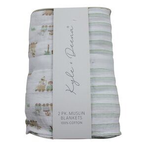 Kyle & Deena Muslin Baby Swaddle Blanket Set Safari Train Striped Boys NWT RARE